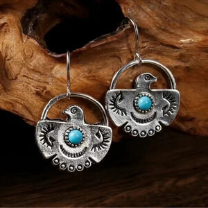 1 LEFT! Vintage Eagle Bohemian Inlaid Turquoise Earrings 925 Silver Plated
